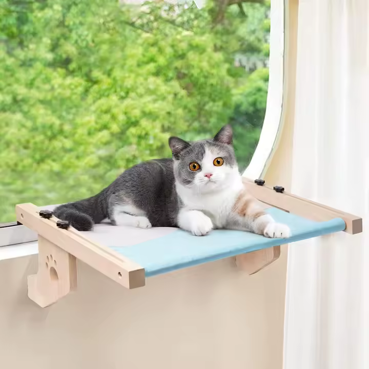 Asiento de Ventana para Gatos, Hamaca de Cama para Gatos with Estructura de Madera, Poste de Asiento Ajustable para Ventanas de Gato. Silla mohadilla extrable y lavable que soporta hasta 40 Libras - 1