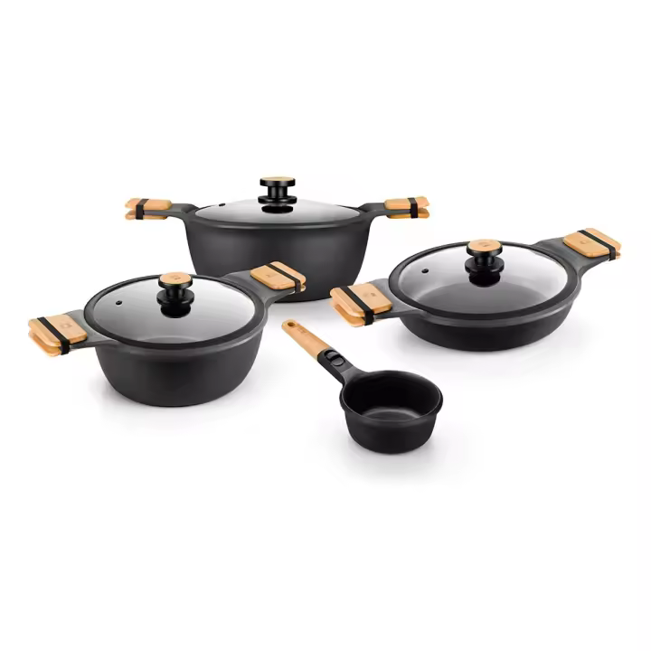 Bra - Batería de Cocina Market, 4 Piezas, Cacerola Baja, Dos Cacerolas Altas y Cazo. Incluye Asas de Madera y Tapaderas. Aluminio Fundido - 1