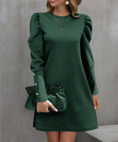 Vestido De Manga Larga Redonda Con Mangas Flotantes Y Botones Para Mujer Estilo Oficina Dama Longitud De Rodilla Poliéster Elástico Suave - details 7