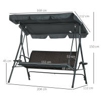 Outsunny Columpio de Jardín de 3 Plazas Banco Balancín para Exterior con Toldo Ajustable Asiento de Ratán 2 Portavasos 2 Bandejas y Marco de Acero para Terraza Patio 204x112x150 cm Gris - details 2