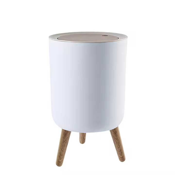 Bandeja De Basura Con Tapa Y Pieza De Madera Gran Capacidad Ecológica Para Cocina Baño Estilo Redondo Plástico Resistente - 1