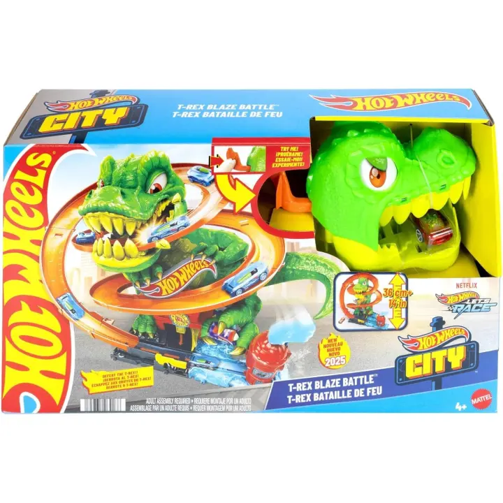 Hot Wheels T-Rex Batalla en llamas Conjunto de pista, conjunto de juego con pista y camión de bomberos metálico de juguete a escala 1:64 (Mattel JBM73) - 1