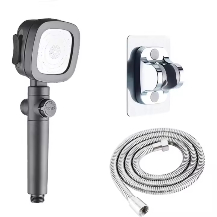 Cabezal de ducha ajustable de 4 velocidades, ahorro de agua a alta presión, parada con un botón, boquilla única, accesorios de baño modernos (manguera de 1,5 m + base sin perforaciones) - 1
