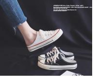 Zapatillas Planas De Lona Para Mujer Media Caña Con Cordones Moda Otoño Negro Blanco Suela Baja Punta Redonda Zapatos Casuales - details 2