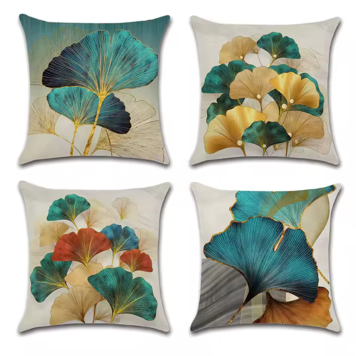 Decorativos Lino Fundas de Cojines 45x45 Sofa Set de 4 Verde Azulado Moderno y Hojas Doradas Funda de Almohada Decoración Ginkgo Fundas Cojines Cuadrados Exterior Jardin - 1