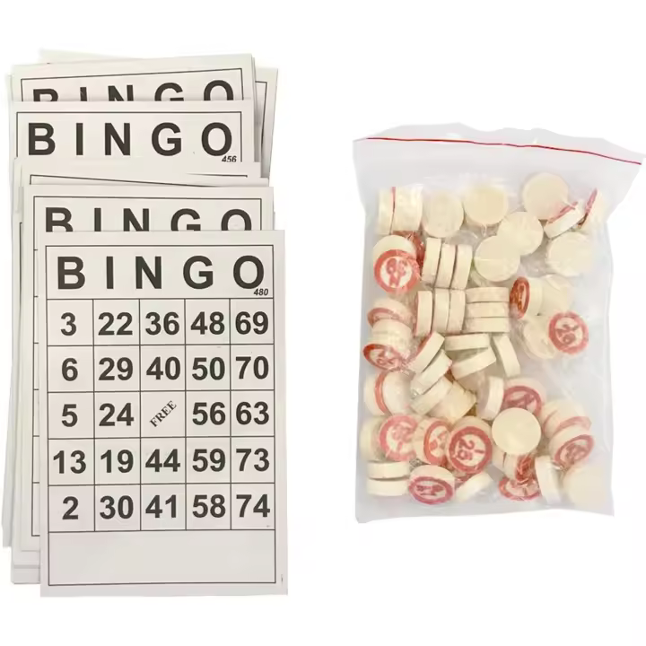 Juego de mesa de bingo, cartones de bingo clásicos, juego de bingo de madera vintage con 40 cartones de números de bingo y 75 fichas de ajedrez. - 1