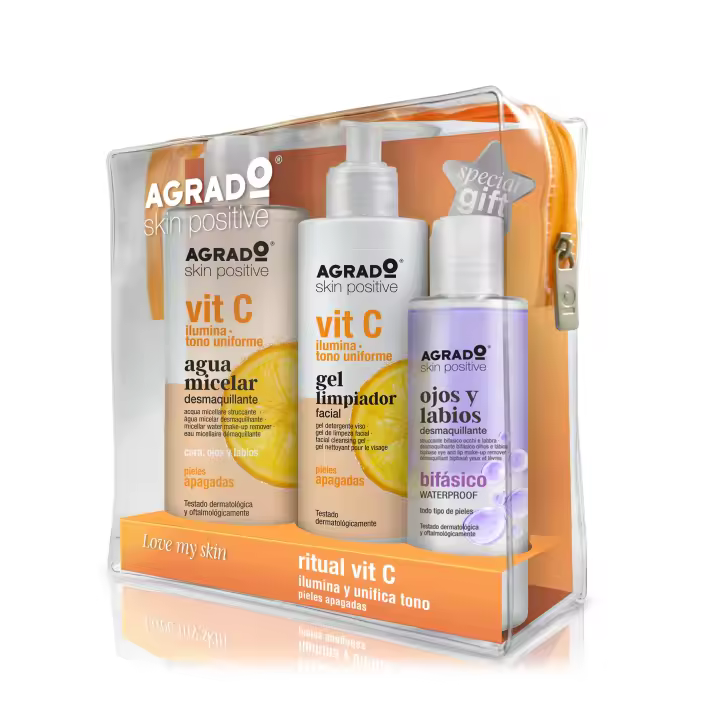 AGRADO - Neceser de Limpieza Facial Vit C, Pack con Agua Micelar Vit C 400 ml, Gel Limpiador Vit C 250 ml y Desmaquillante Ojos y Labios 140 ml, Ilumina y Unifica el Tono de la Piel, con Activos Hidratantes, para Pieles Apagadas - 1