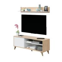 Meimon Mueble TV KIKUA PLUS con estante de colgar, 1 puerta con apertura push, patas ABS, hueco pasacables, acabado en Roble Canadian y Blanco Ark, fabricado en melamina TIPO E1, medidas TV: 135x40x50 cm, estante: 135x17,5x19,5 cm, carga máx. 40 kg. - details 2