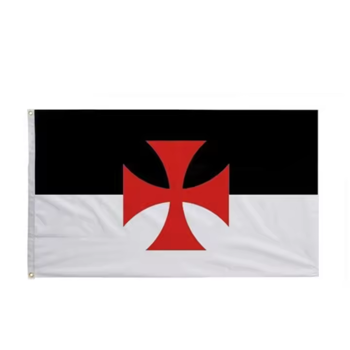 Bandera templaria grande 150 cm x 90 cm Heniak Store tela tipo poliester caballeros templareos medieval estandarte historico cruz roja fondo negro y rojo decoracion ondeante - 1