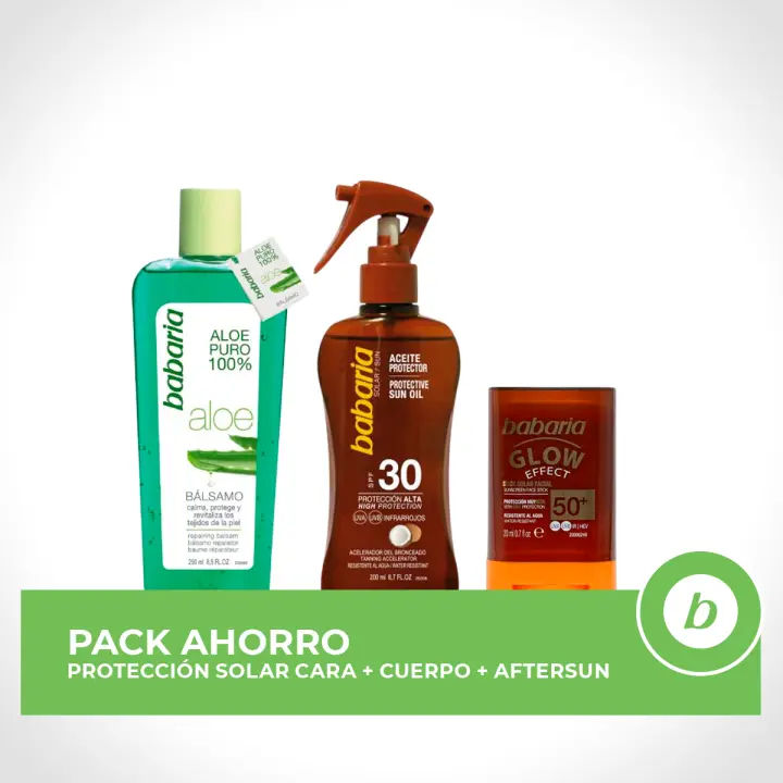BABARIA Pack ahorro protección solar - Contiene Stick Facial Glow 20ml + Aceite Protector de Coco 200ml + Bálsamo Reparador de Aloe 250ml - 1