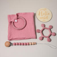 Conjunto De Toalla De Algodón Muselino Para Bebé Con Cadena De Biberón Y Mordedor De Silicona Y Madera Unisex 0-1Años - details 4