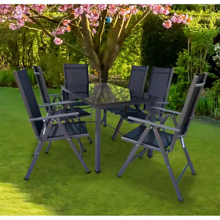 7 piezas de muebles de jardín de aluminio de vidrio de jardín conjunto de asientos grupo de comedor grupo de mesa sillas 140 SW - 1