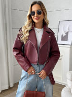 Chaqueta De Cuero PU Para Mujer Fitaylor Cierre De Cremallera Estilo Casual Con Cuello En V Y Cinturón Moto Outwear - details 3