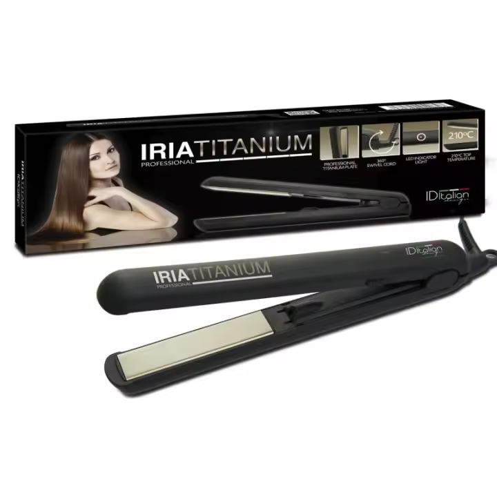 Italian Design - Plancha de Pelo de Titanio Iria Titanium con Placas de Titanio, Temperatura Máxima de 210º, Indicador LED de Encendido, Cable con Giro 360º - Alisado Perfecto y Duradero en Todo Tipo de Cabellos - Dimensiones 28 x 3 x 3,5 cm - 1
