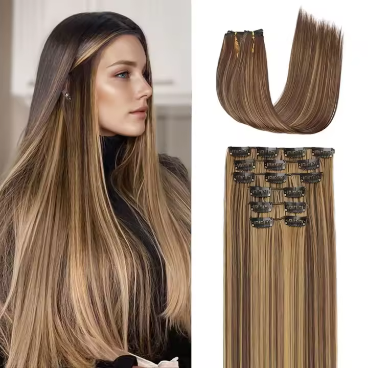 Extensiones De Cabello Sintético 24 Pulgadas Clip in Longas Y Rectas 6 Piezas 16 Clips Color Marrón Rubio Para Mujeres Piezas De Cabello Artificial - 1