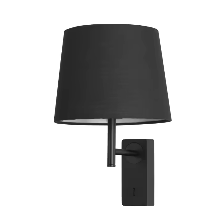 FORLIGHT Aura - Aplique de Pared para Dormitorio E27 con Interruptor ON/OFF en la Base. Color Negro con Pantalla de Textil - 1