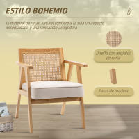 HOMCOM Butaca de Salón Sillón de Salón con Reposabrazos Respaldo de Ratán y Marco de Madera de Caucho Butaca para Dormitorio Sala de Estar Carga 120 kg Natural y Beige - details 0