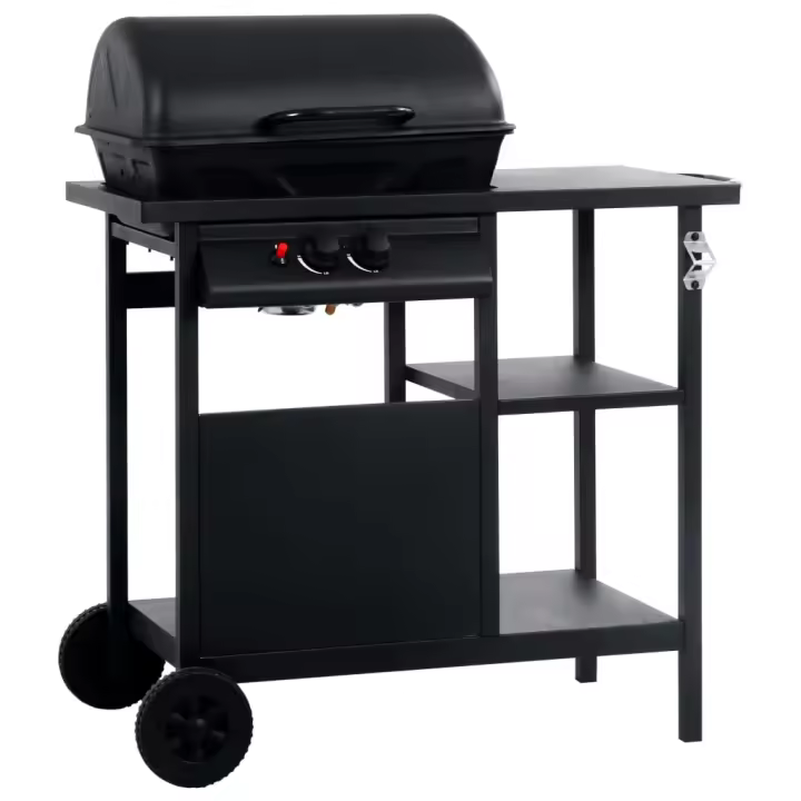 Barbacoa portátil de gas con mesita de 3 estantes negro - 1