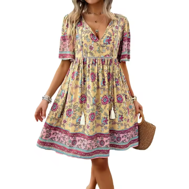 2024 Spring and Summer Leisure Vacation Printed Short Sleeve Dress - 1
