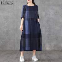 Vestido Midi De Lino Y Algodón ZANZEA Para Mujer Estilo Vintage Cuadros Manga Corta Cuello Redondo Vestidos Casual Verano Con Bolsillos Longitud Hombro a Hombro - details 8