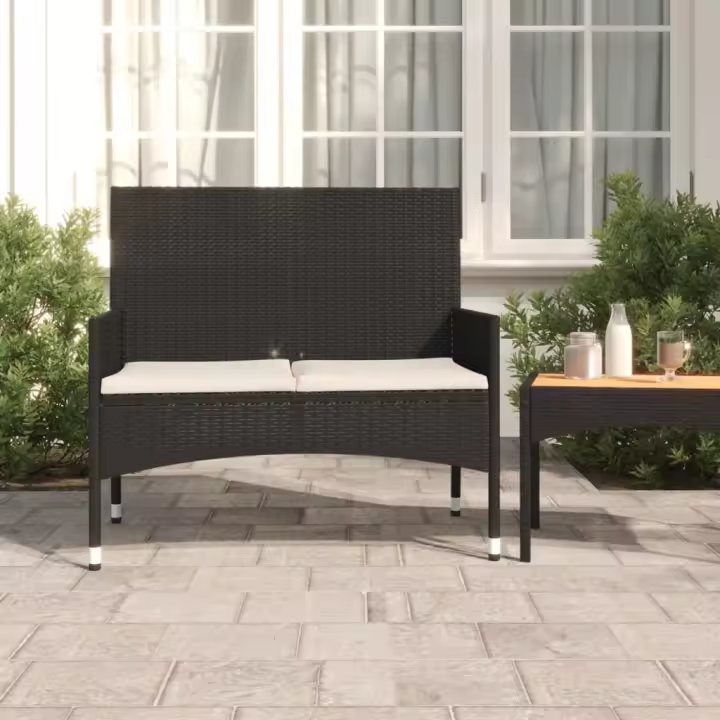 Banco de Jardín de 2 asientos con almohadas de Polyrattan Negro - 1