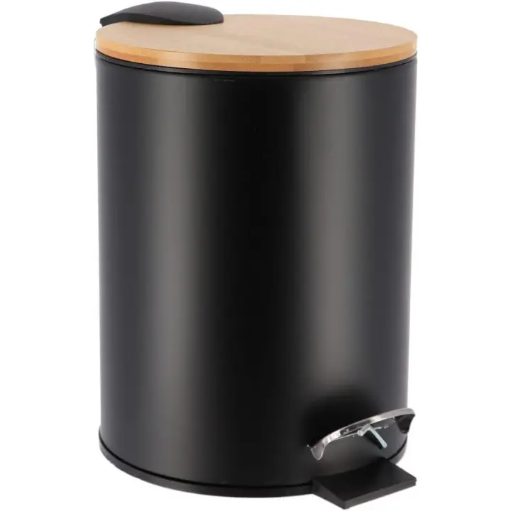 Cubo de basura Metal Con Tapa Bambú Caída Amortiguada 3 L, Papelera con pedal pequeño para Baño - 1