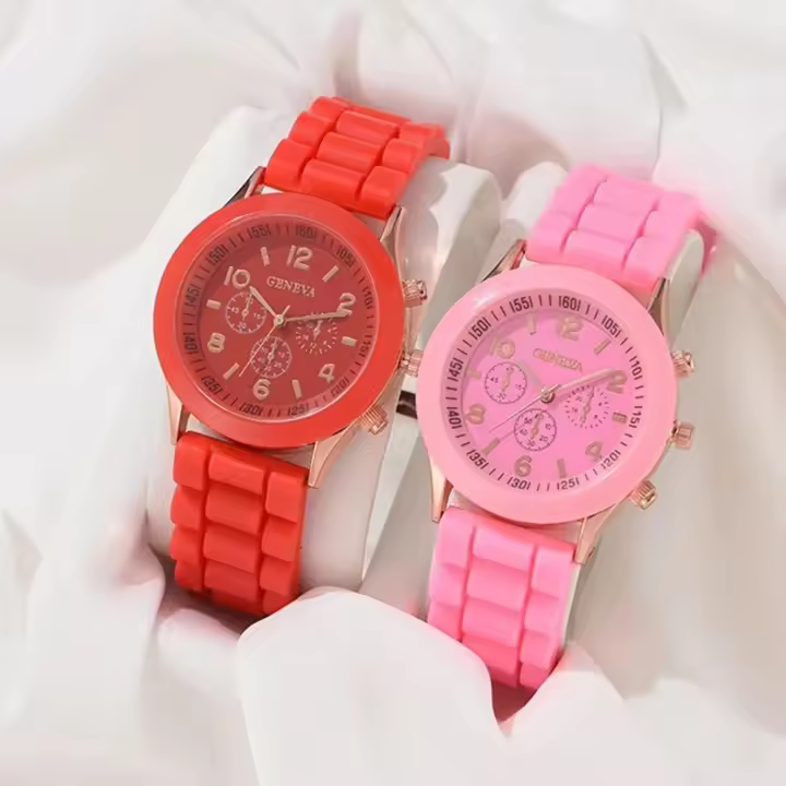 Reloj De Lujo Para Mujer 2Pcs Conjunto Moda Elegante Aleación Pulsera De Silicona Regalo De Vacaciones Para Parejas - 1