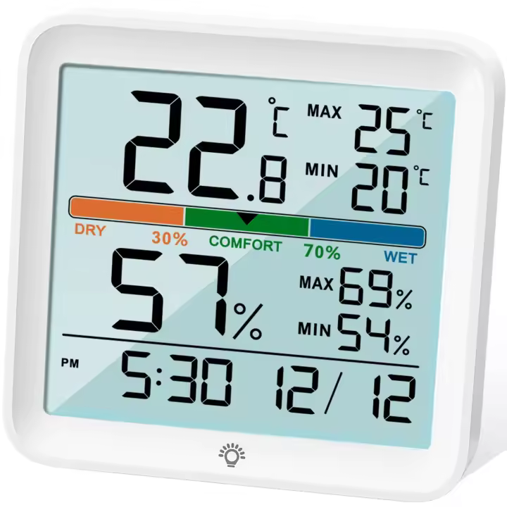 Higrómetro Termómetro para interiores - Medidor digital de humedad de la habitación Medidor de monitor de temperatura preciso Registros máximos/mínimos, LCD táctil con reloj retroiluminado - 1