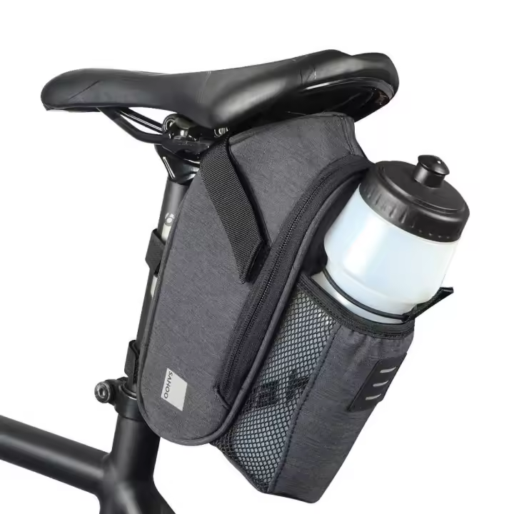 Bolsa de sillín para bicicleta 1.8L con cremallera YKK impermeable, soporte para botella y luz, material resistente - 1