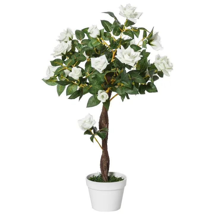 Outsunny Planta Artificial de 90 cm Rosa Blanca Realista con 21 Flores y 350 Hojas Maceta de Cemento Incluida para Interior y Exterior Verde - 1