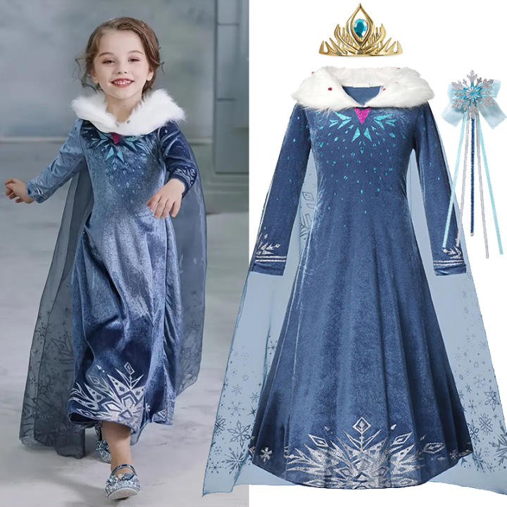 Vestido De Princesa Elsa Azul Con Copa De Pelo De Nieve Para Niñas Traje De Invierno Con Manga Larga Y Collar De Pelo De Nieve Disfraz De Reina De La Nieve Para Fiesta De Navidad Y Carnaval
