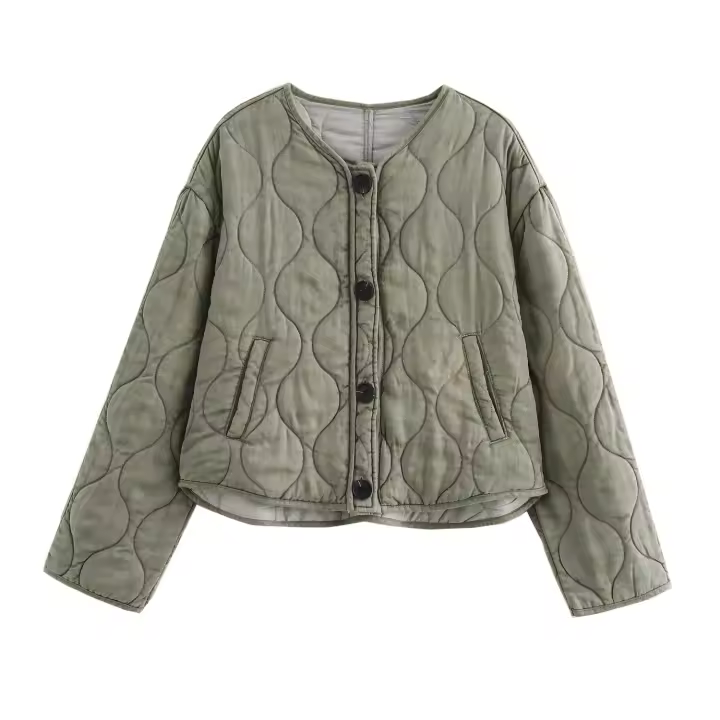 Vintage Women Long Sleeve O Neck Quilted Jacket Female Single Breasted Autumn Short Padded Coat Streetwear Outfits - 1