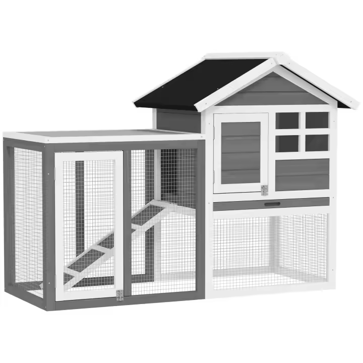 PawHut Conejera de Madera de 2 Niveles Jaula para Conejos con Zona Abierta Techo Asfáltico Bandeja Extraíble y Rampa Conejera para Exterior 122x62,6x92 cm Gris - 1