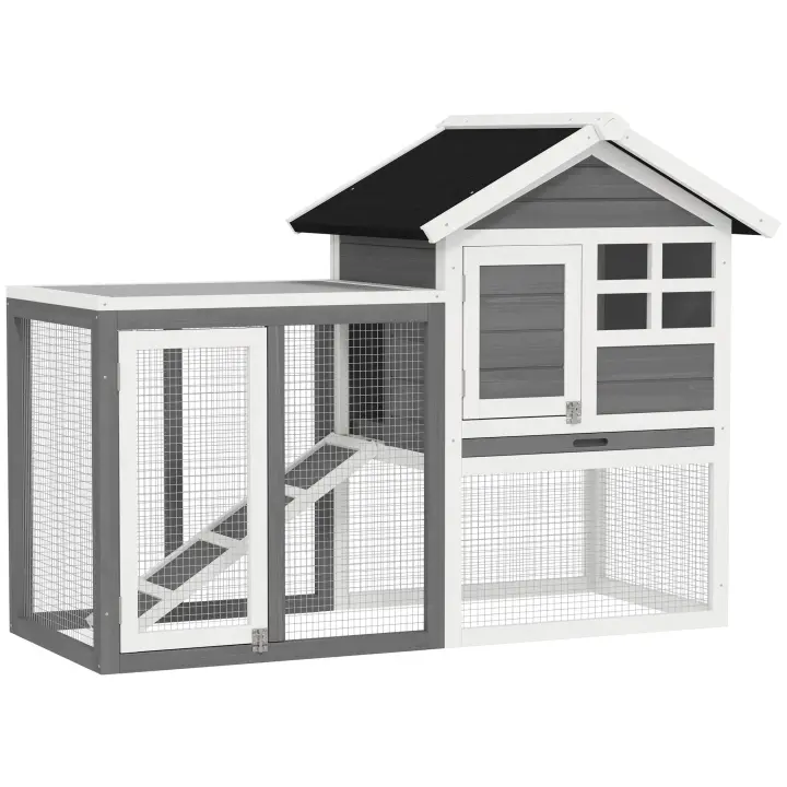 PawHut Conejera de Madera de 2 Niveles Jaula para Conejos con Zona Abierta Techo Asfáltico Bandeja Extraíble y Rampa Conejera para Exterior 122x62,6x92 cm Gris - 1