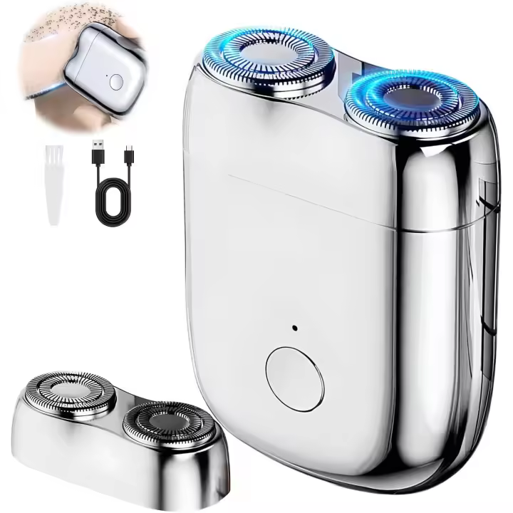 Mini afeitadora eléctrica de doble cabezal, modelo nuevo, afeitadora de bolsillo USB (2025), lavable, recargable, resistente al agua (plata + cabezal) - 1