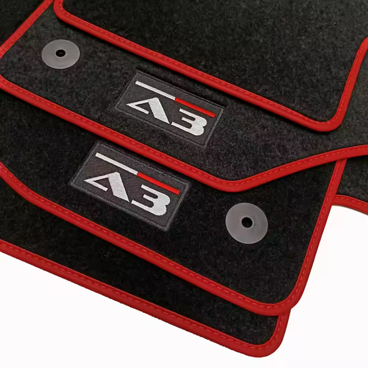 Alfombrillas alfombras  para Audi A3 8V desde 2013 hasta 2020 en moqueta velour con borde rojo y logo - 1