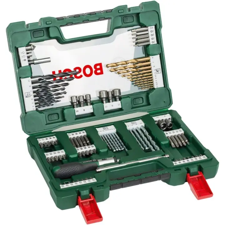 Bosch 91 uds. Set de brocas y puntas de atornillar de titanio V-Line (para madera, mampostería y metal, incluye destornillador de carraca y varilla magnética, para taladro y destornillador) - 1