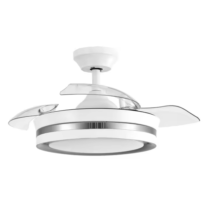 Akunadecor - Ventilador de techo modelo MIOK S blanco/plata, motor DC 6 velocidades Tecnología Led 46W sistema CCT 5520 Lúmenes, Control remoto con temporizador, luz regulable en color e intensidad, Memoria motor inverter verano/invierno ultra silencioso. - 1