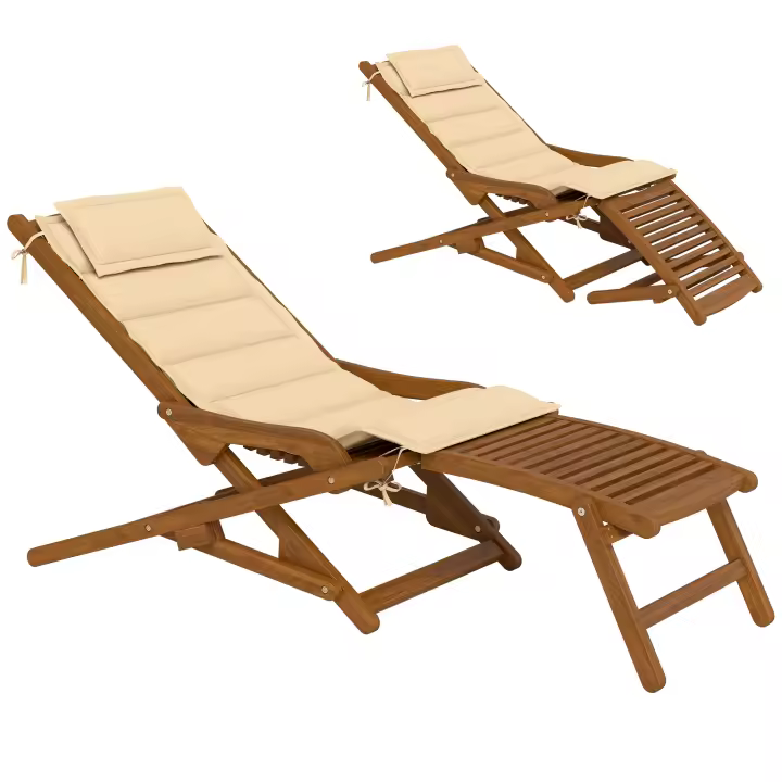 Outsunny Tumbona Silla Plegable de Madera de Acacia, Silla de Jardín Exterior con Reposapiés Desmontable y Cojín con Reposacabezas, Carga 160 kg, para Terraza, Patio, Playa, 158x61x70 cm, Beige - 1