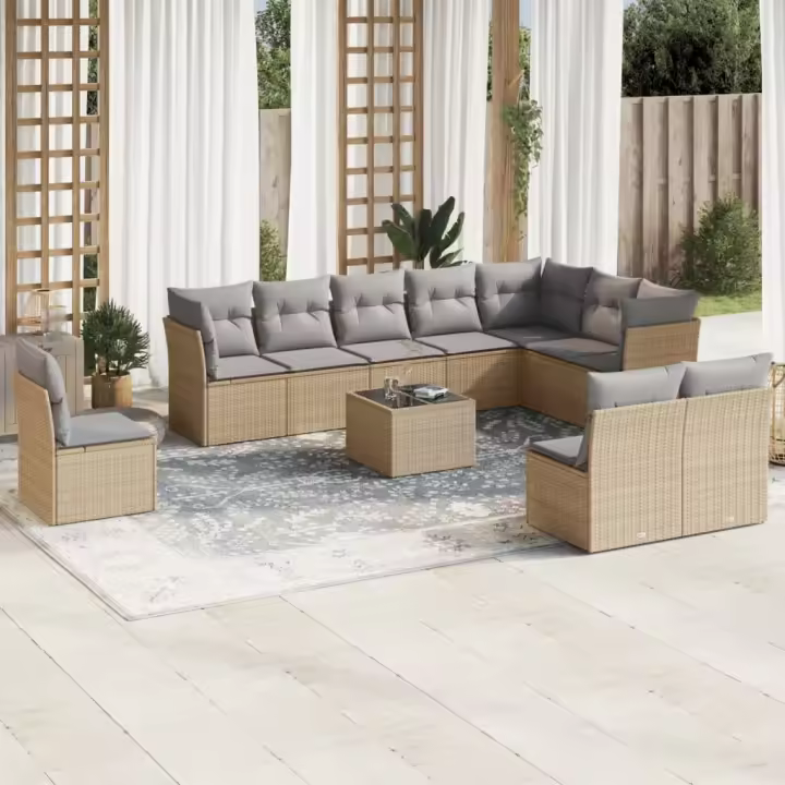 vidaXL Set de sofás de jardín 11pzas con cojines ratán sintético beige - 1