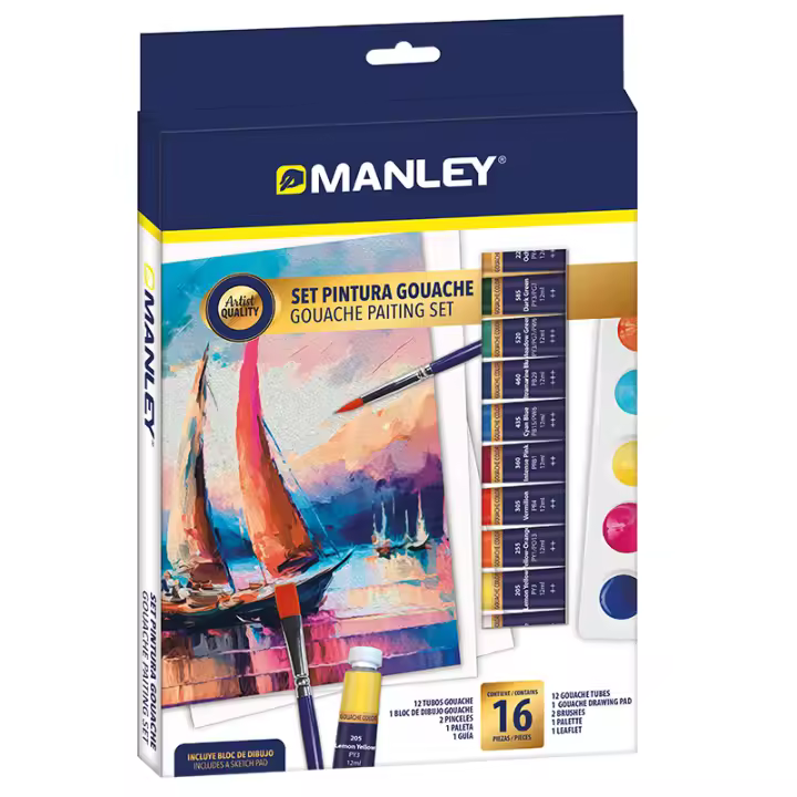 PINTURA GOUACHE MANLEY 16 PZAS. CALIDAD SUPERIOR COLORES SUAVES RESULTADOS OPACOS. RESISTENTE A LA LUZ - 1