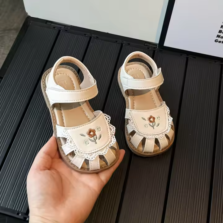 Sandalias De Verano Para Niñas Con Bordado De Flores Y Lazo Calzado Casual De Cuero Suave Para Niños Cierre De Correa Tamaño True Fit - 1