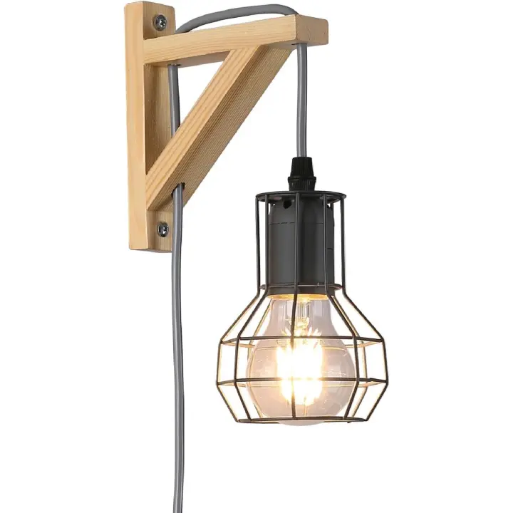 ALPINALUZ Lámpara de Pared de Madera con Interruptor de Enchufe Cob Jaula - Estilo Rústico Vintage - 1