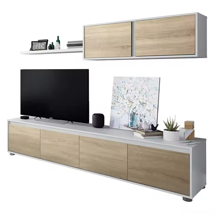CAMA EXPRESS Conjunto de salón con mueble TV y módulo superior en color gris cemento y blanco artik - 1