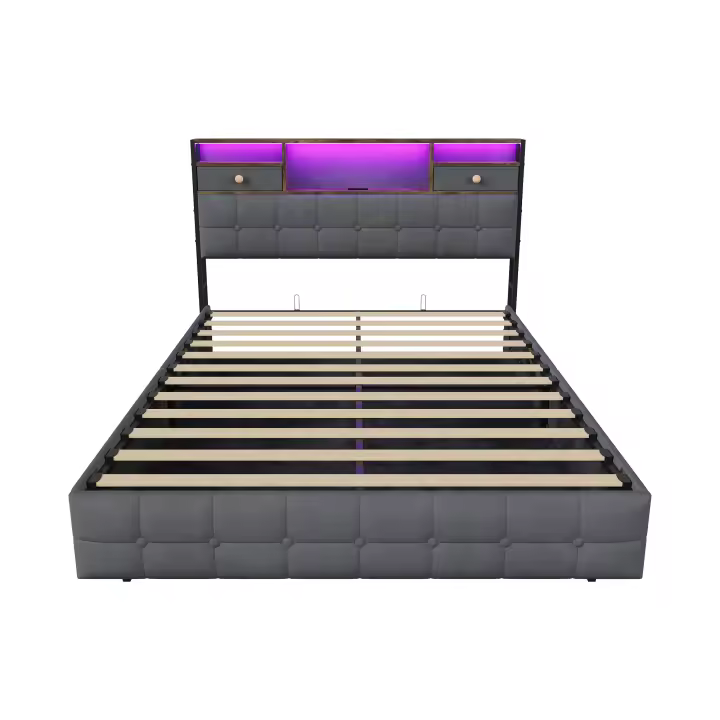 Cama de matrimonio 160x200 cm gris con almacenaje hidráulico, cabecero con cajones, luces LED RGB y carga USB-C - 1