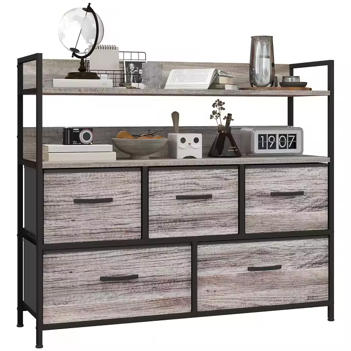 HOMCOM Cómoda mueble de almacenaje para dormitorio 5 cajones de tela plegables y extraíbles con estantes abiertos y estructura de acero, cómoda para salón, dormitorio, pasillo, efecto madera gris - 1