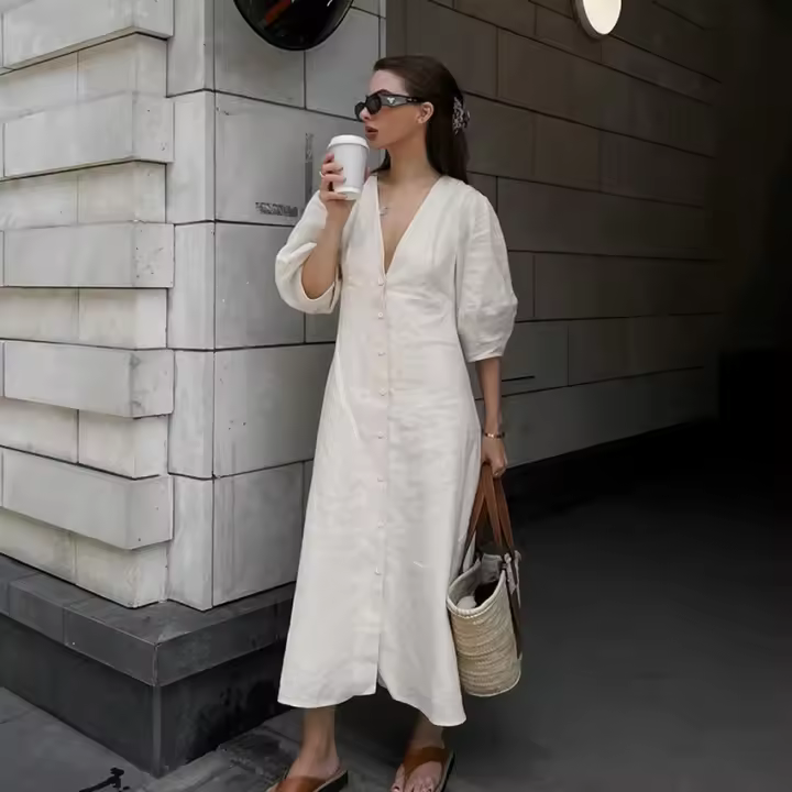 2024 vestido de lino de algodón claro Beige mangas camisa de verano para mujer cuello en V largo - 1