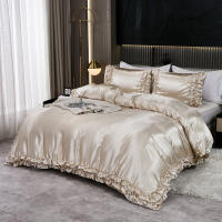 Set De Edredón Satinado 3PCS Colores Blanco Khaki Y Rosa Seda Suave Con Volantes Estilo Moderno Para Cama Conjunto De Ropa De Cama - details 21