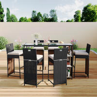 Set de Bar de Jardín de 7 Piezas with Cepillos, Espacio para Estantes, Tabla de Mesa de Cristal Templado, Ratán de Poliéster, Mezclas de Negro y Marrónnegro - details 1