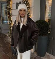 TRAFZA Chaqueta De Moda Invierno Para Mujer Marrón Oscuro Con Bolsillos Y Cuello En V Estilo Retro Elegante Con Botones - details 7